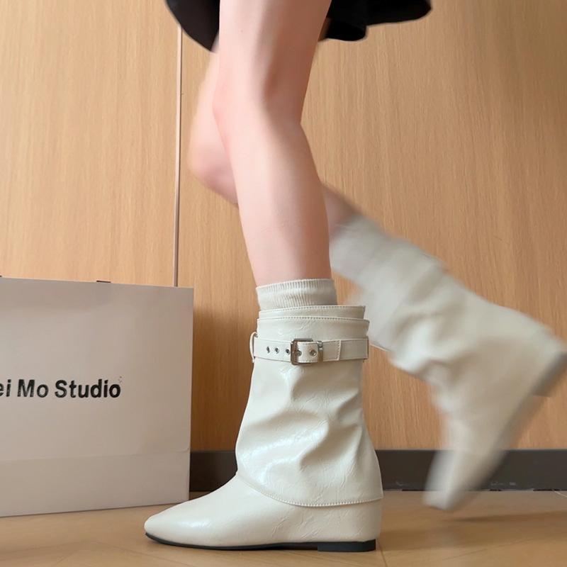 Removable belt buckle~ Stacking boots women's autumn new inner height increase and thin round head medium tube fashion boots