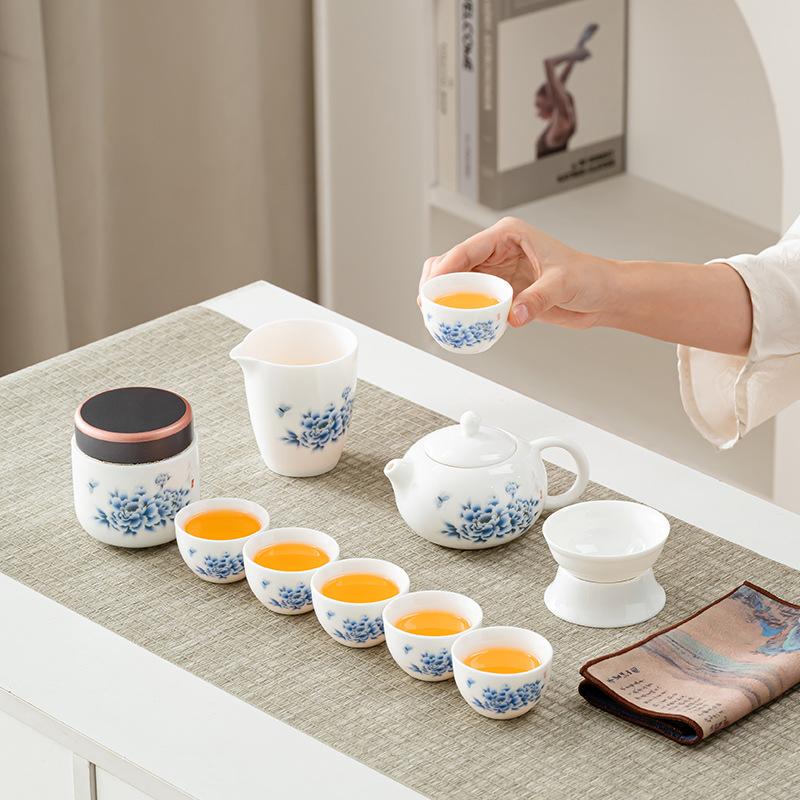 Dehua suet jade Chinese Tianxiang blue peony Jiangshan gift box set corporate annual meeting gift portable travel tea set