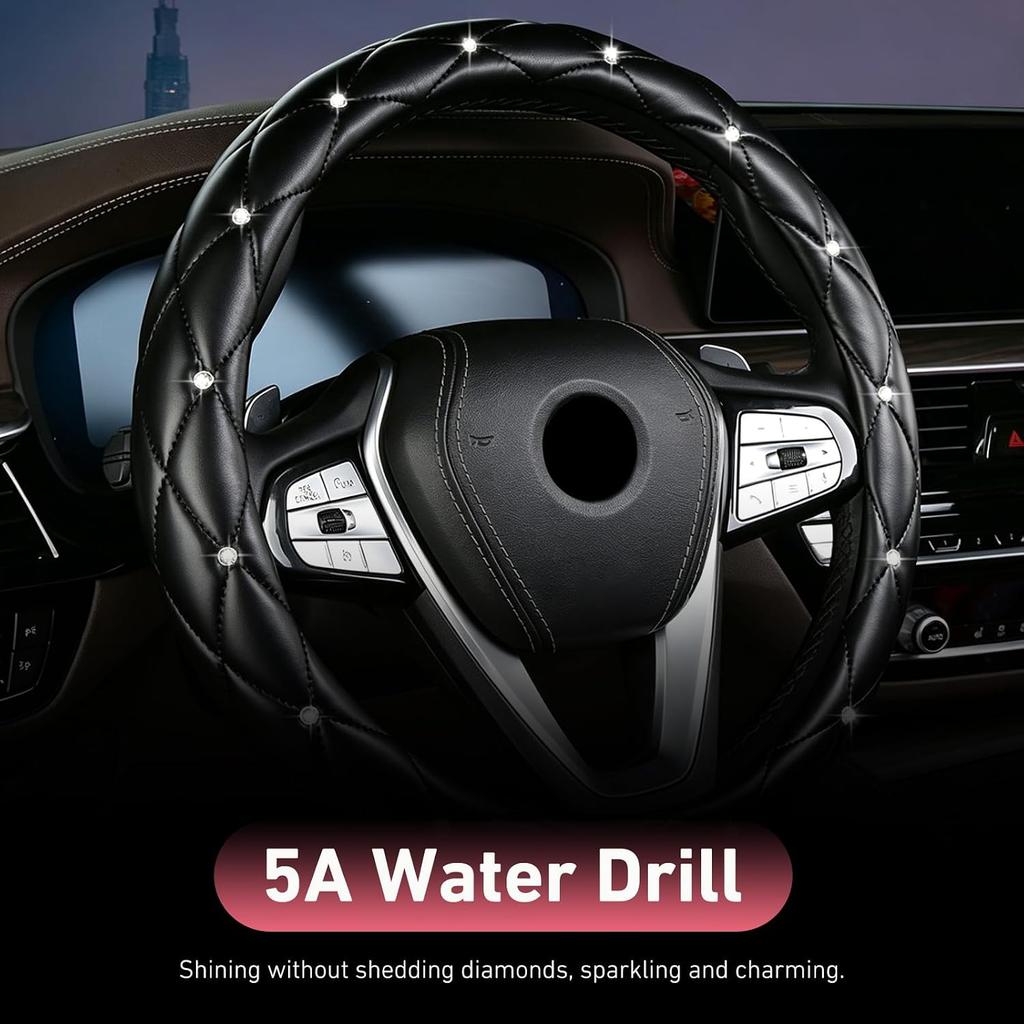 Bling Crystal Car Steering Wheel Cover, Leather Elastic Stretch Steering Wheel Protector, 15 Inch Anti-Slip Stitching Steering Wheel Cover, Universal