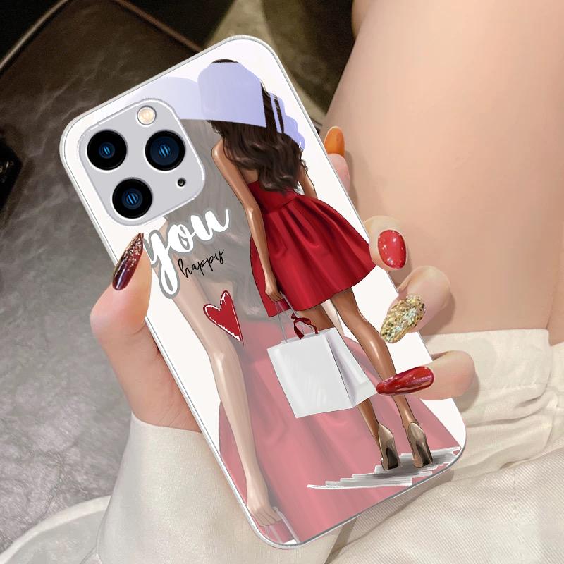 Мультяшная девочка с покупками Для IPhone 15 Pro 14 13 12 Mini 11 XS Max XR 7 8 Plus SE 2020 2022 Закаленное стекло Чехол для телефона