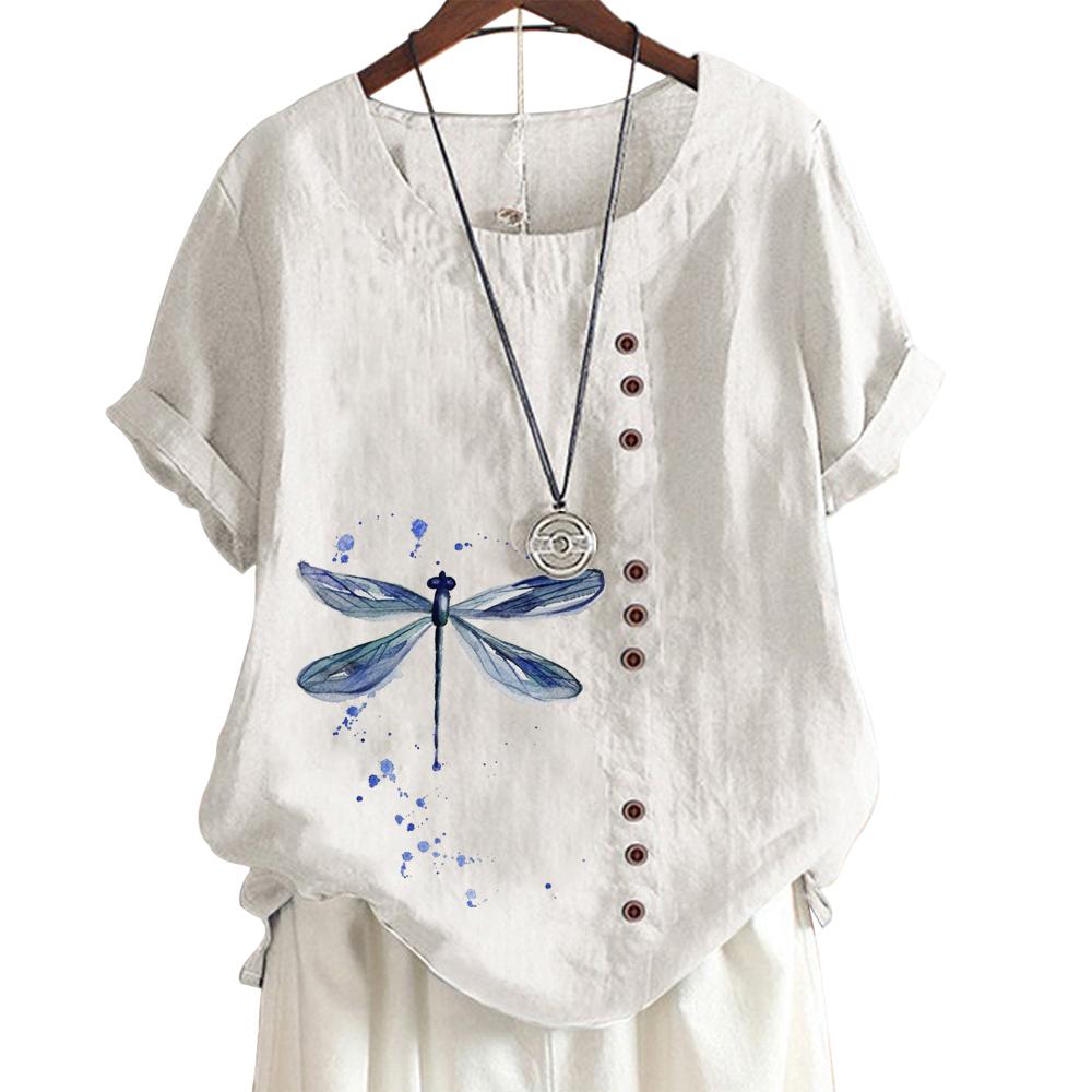 Женская хлопковая повседневная футболка с 6 рисунками животных и растений, круглым вырезом, короткими рукавами, украшением на пуговицах