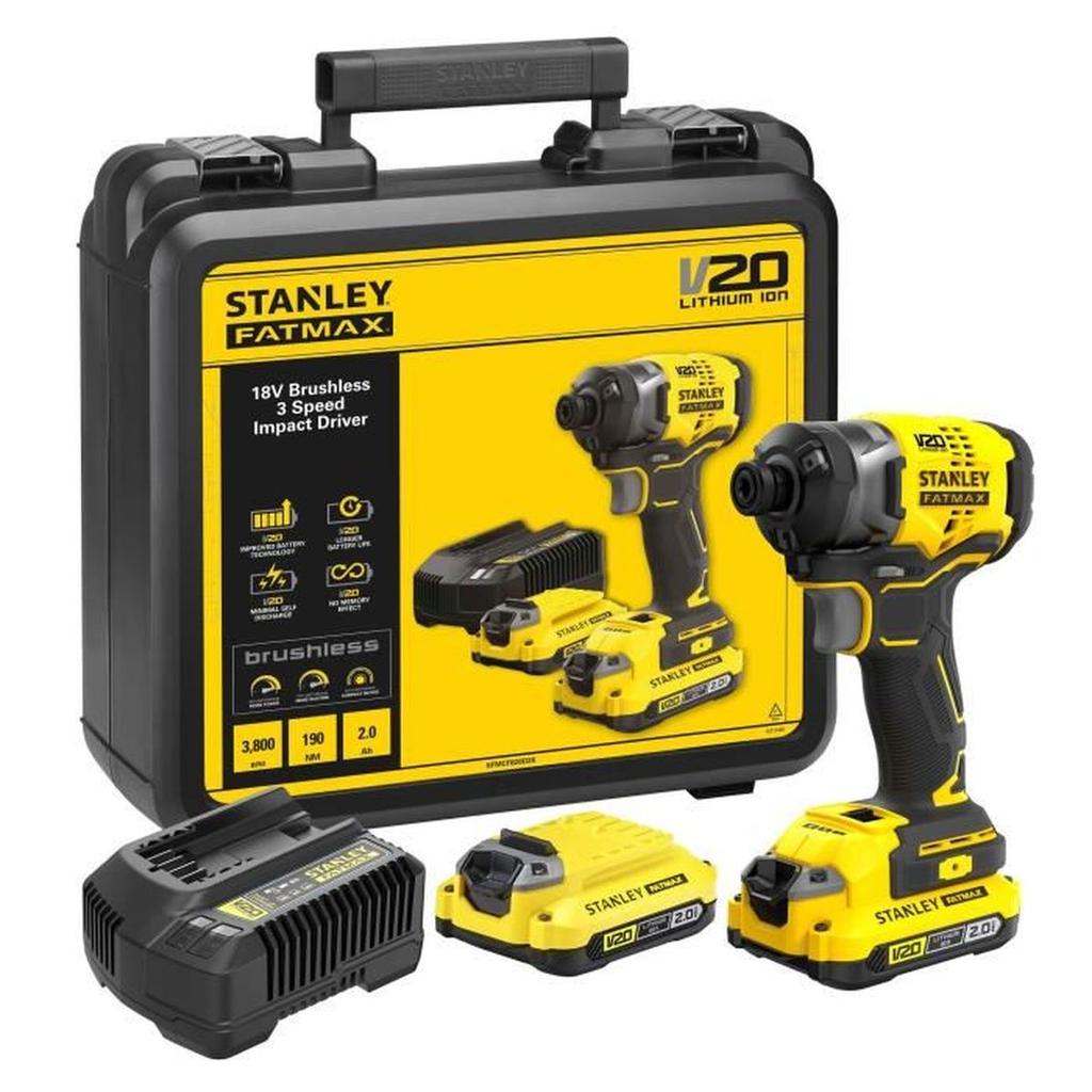 Visseuse a impact sans fil - 18V - STANLEY FATMAX V20 - SFMCF820D2K-QW - Brushless - 190Nm - 2 batteries 2 Ah + chargeur 2 A