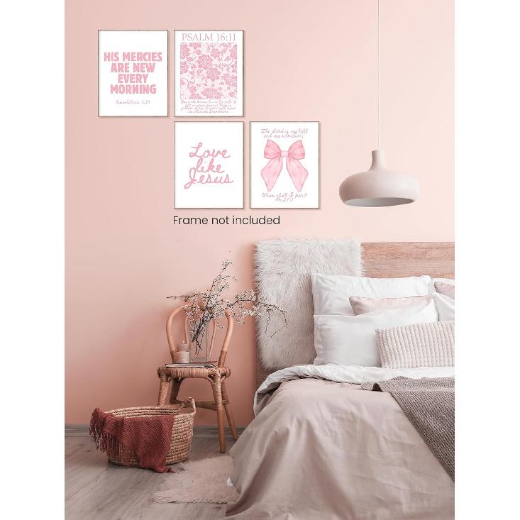FGFK Girly Pink Christian Wall Art Prints Set of 4, Lamentations 3:23 Psalm 16:11 Psalm 27:1 Bible Verse Preppy Posters Pictures Wall Decor for Girls