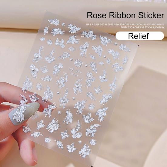Наклейка на ногти Rose с французским искусственным жемчугом в стиле арт-стиль, самоклеящаяся ПВХ, водонепроницаемая, сделай сам, съемная, рельефная
