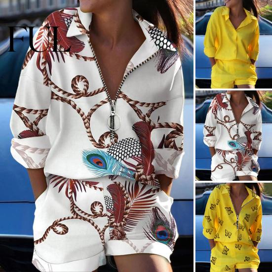 Female Shirt Shorts Suit 2Pcs/Set Women Turndown Collar Long Sleeves Metal Ring Ladies Zipper Spring Summer Feather Printed T-Shirt Top Pants Trousers