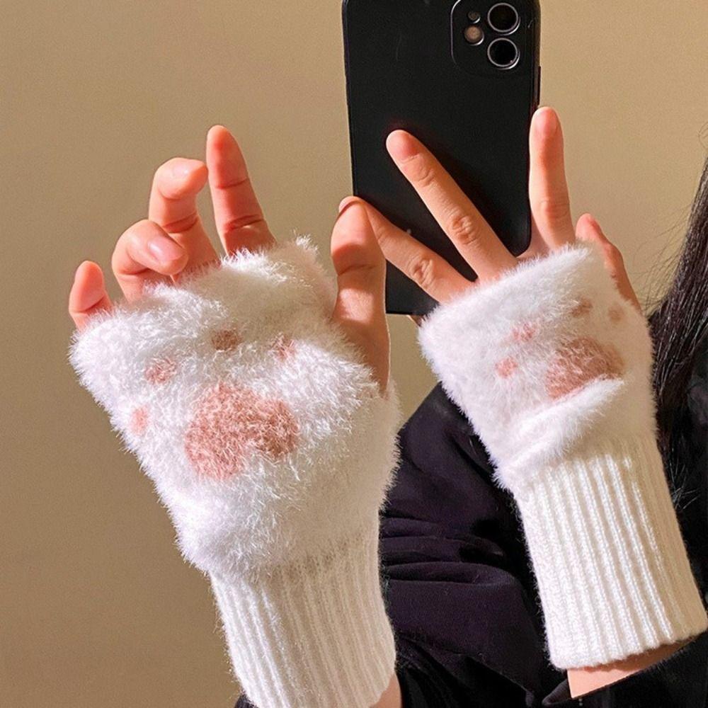 Plush Half Finger Gloves Soft Knitted Gloves Cute Fingerless Gloves Winter
