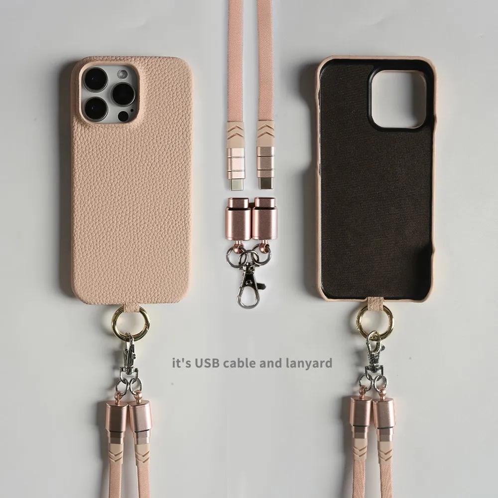 Luxury USB Charging Cable Genuine Leather Case For iPhone 16 Pro Max 15Pro 11 13 12pro 14Pro Strap Crossbody Lanyard Phone Cover