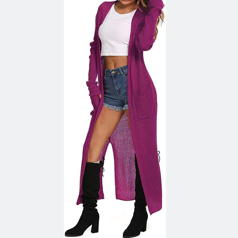 Женский вязаный кардиган с карманами и разрезами - многоцветный