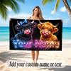 Highland Cow Theme Quick Dry Beach Towel Custom Name Text Print Large Sand Resistant Towel Beach Vacation