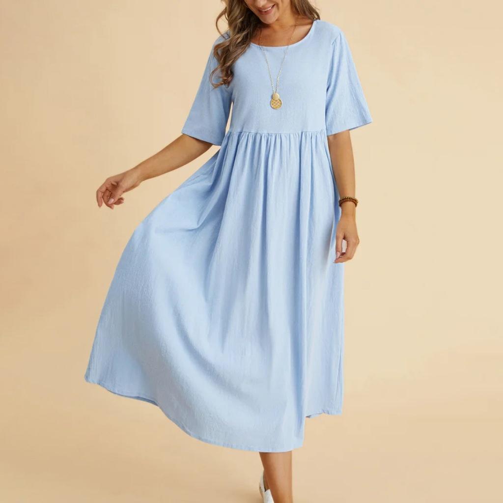 Женское модное однотонное платье, большое свободное хлопково-льняное платье средней длины с круглым вырезом и рукавами из пяти частей