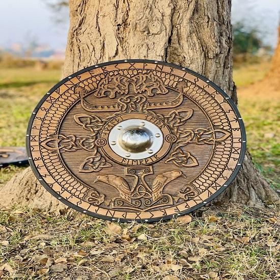 Средневековый щит викинга, резной волк на заказ, щит викинга, деревянный настенный декор, подарок викинга, круглый щит, готовый к битве, щит для косплея викингов