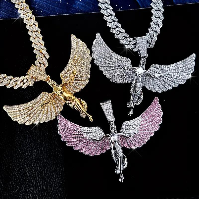 Ожерелье с большим кулоном «Ангел, расправляющий крылья», из цинкового сплава, инкрустированное цирконами, для мужчин и женщин, простая бижутерия в стиле хип-хоп, с легкой роскошью и индивидуальностью, подарок