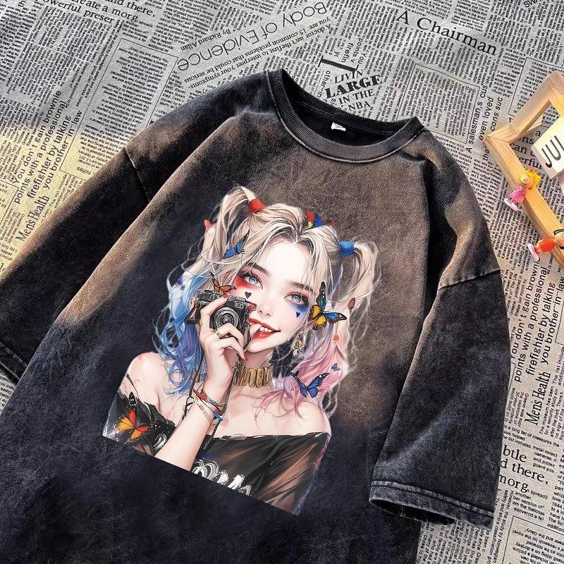Pure Cotton Clown Print Cropped Sleeve T-shirt Men and Women's New Loose High Street Summer Couple