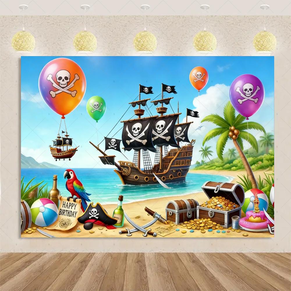 Pirate ship themed backdrop, world map of old treasure, children's birthday party decoration banner, supplies3263