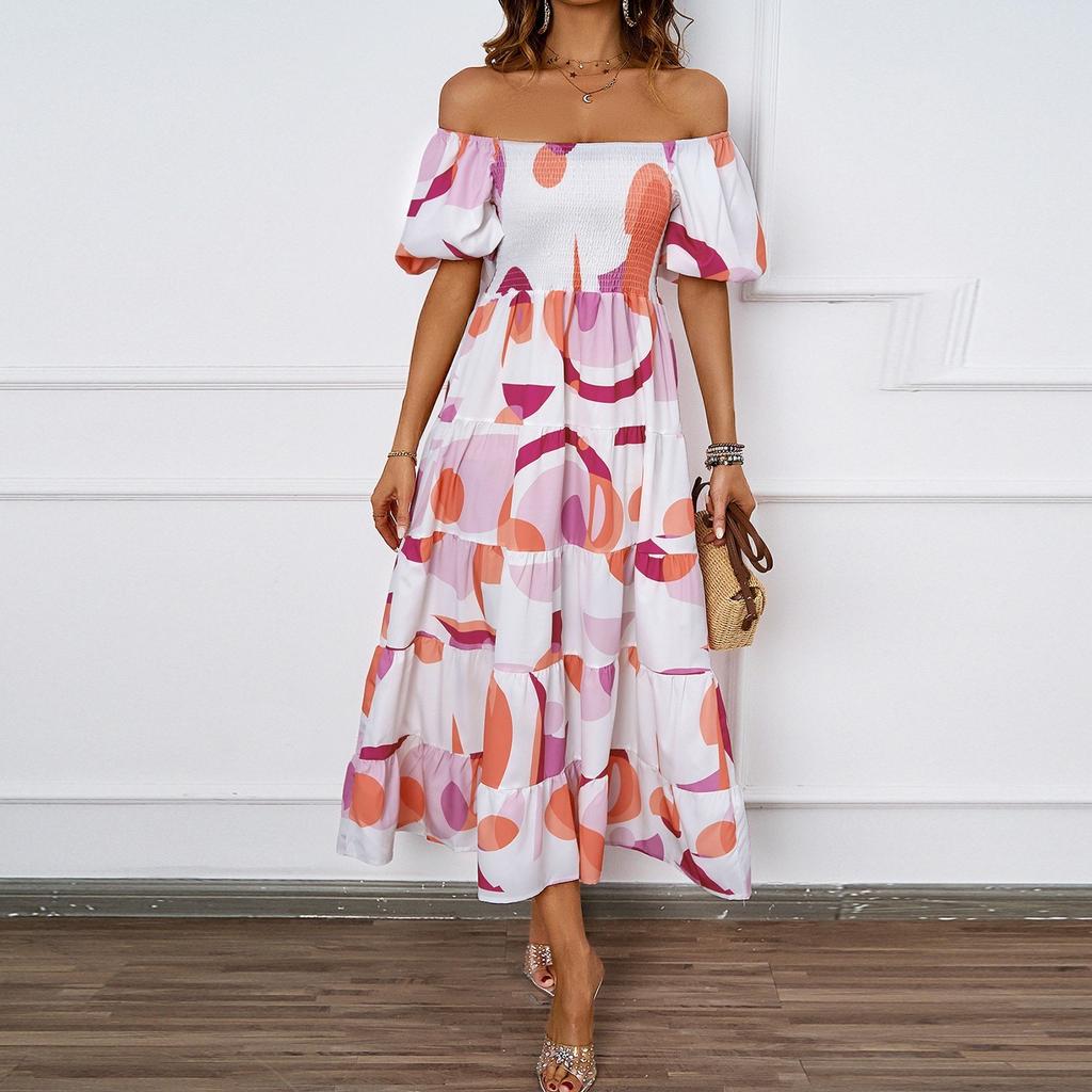 Женское модное платье с квадратным вырезом и цветочным принтом, короткими рукавами и эффектом темперамента