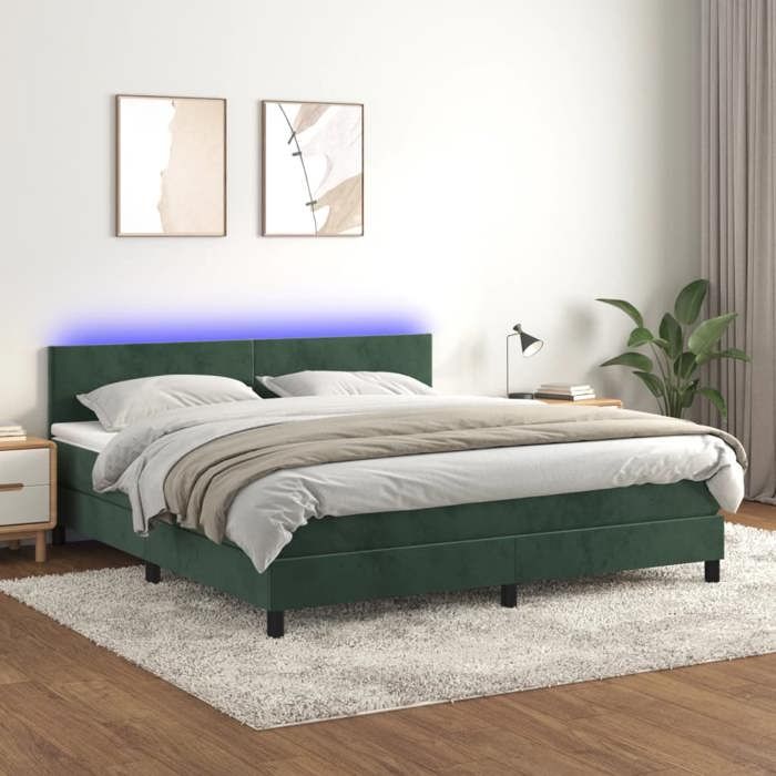 Sommier à lattes avec matelas - 160x200 cm - Velours vert foncé - LED colorée - 2 places