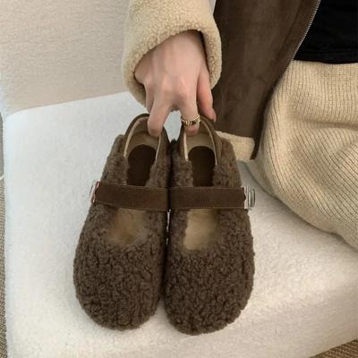 Мода Мода Сочетание Цветов Женские Балетки 2024 Горячая Распродажа Женская Обувь Ремешок с Пряжкой Повседневные Балетки Новые Короткий Плюш Плоские Низкий Каблук