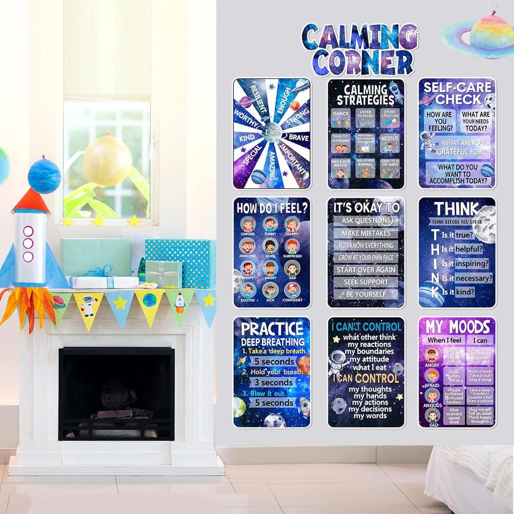 Funrous 10 Pcs Calming Corner Posters Space Themed Classroom Feeling Emotion Charts Mental Health Poster Decorations Calm Down Wall Art for Students