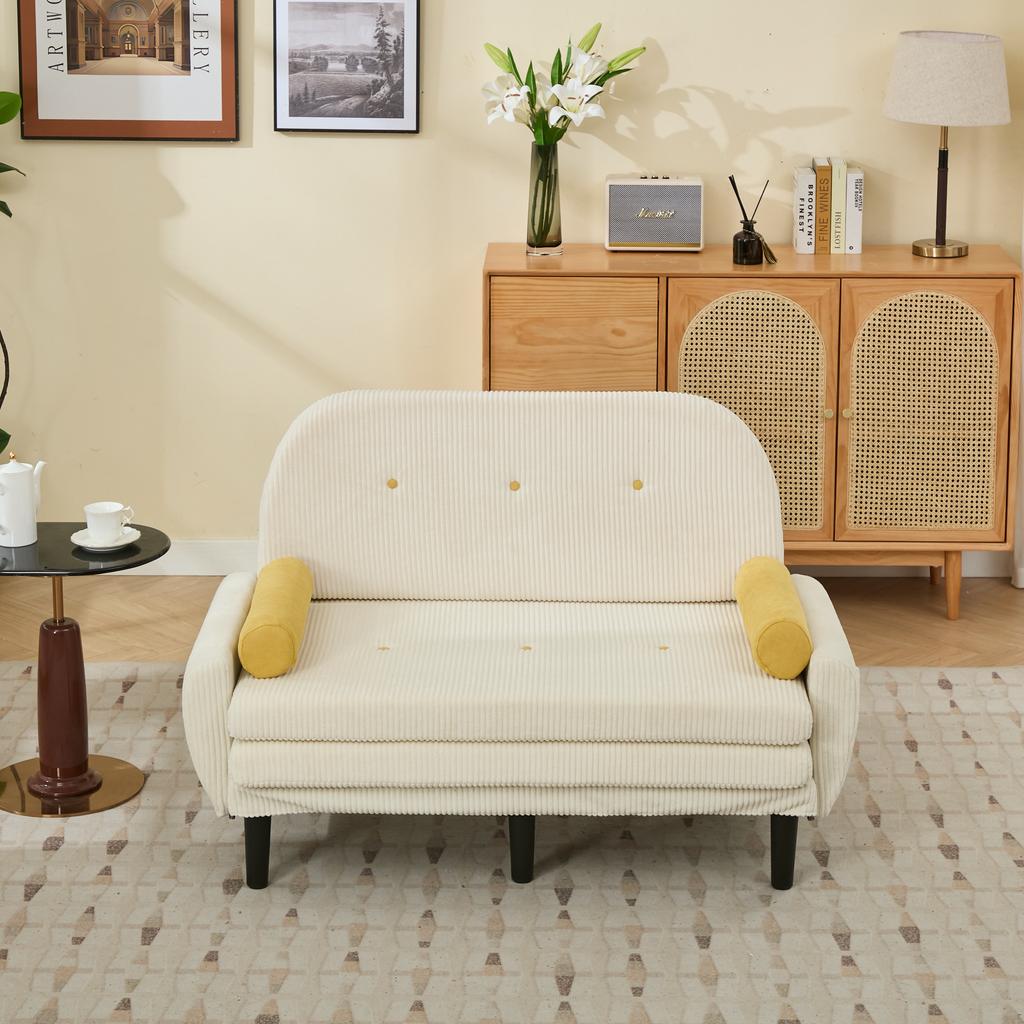 Ivory-Colored Corduroy Loveseat Sofa for the Living Room, as Daybed and Recliner with Storage Space.