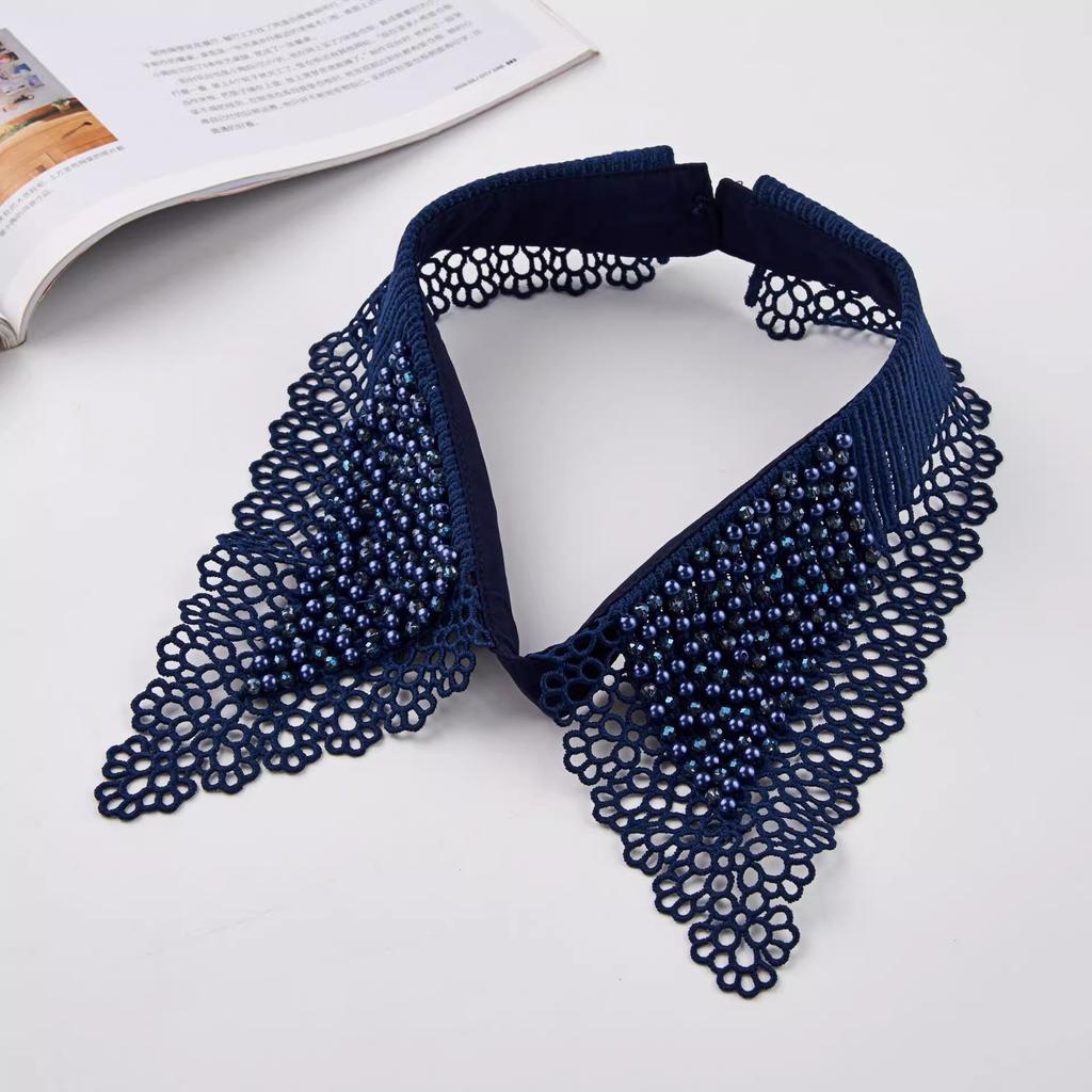 Lace Black White Detachable Fake Collar Beaded Tie Shirt Women's Blouse Top Dickey Detachable Lapel Fashion Accessory