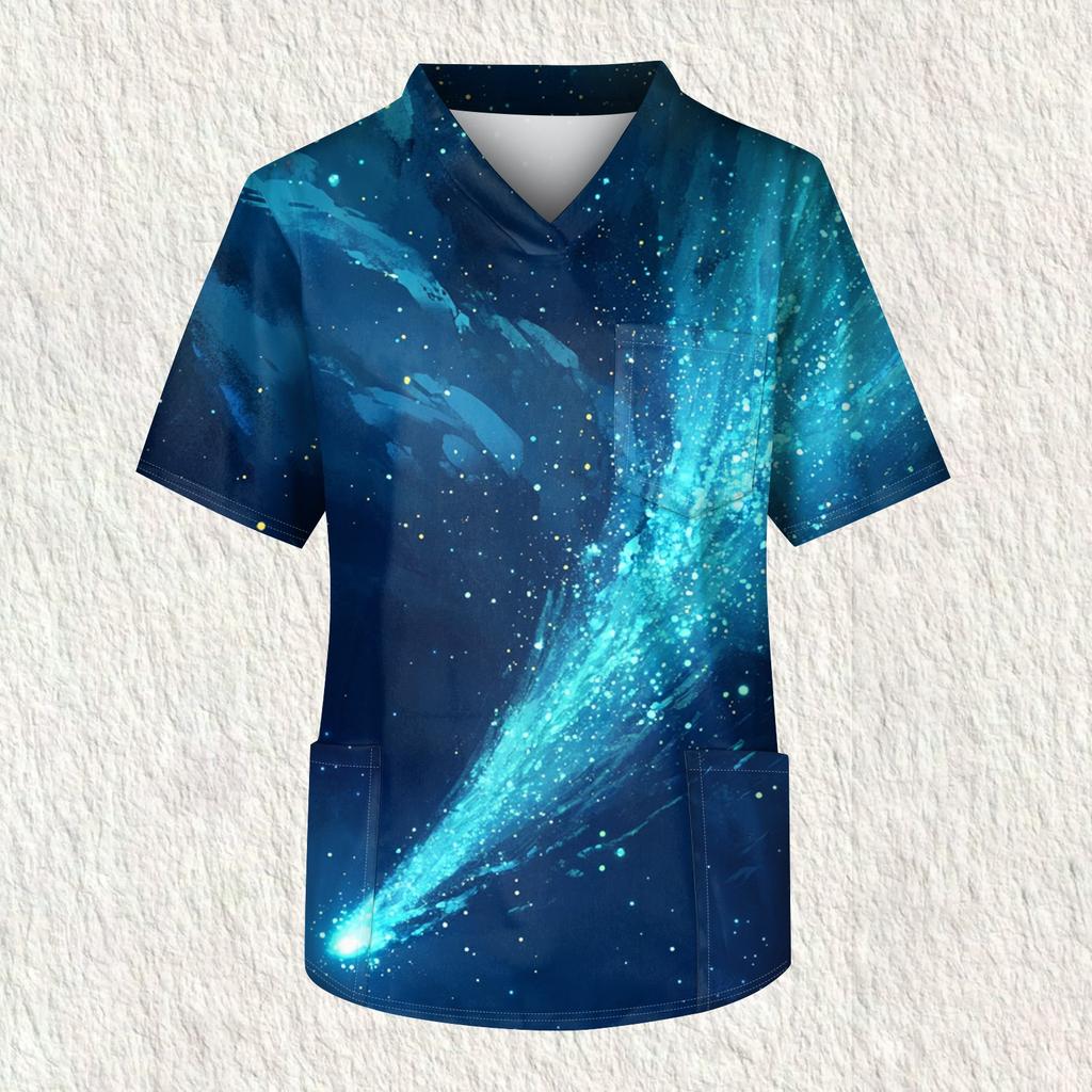 Мужская рабочая блузка с короткими рукавами и v-образным вырезом с принтом, топ с нагрудным карманом