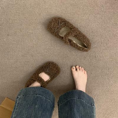 Туфли французской феи пушистые, женская обувь зимой 2024 года, новые милые универсальные туфли Мэри Джейн с неглубоким бантом