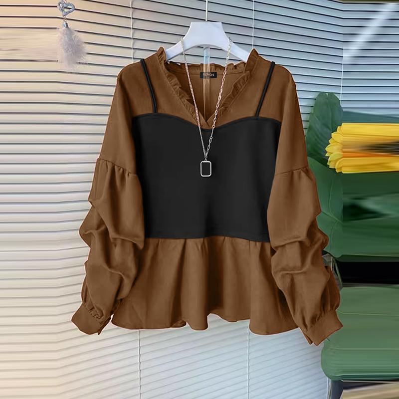 VONDA Women Casual Contrast Color Fake Two Piece V Neck Long Sleeve Blouses