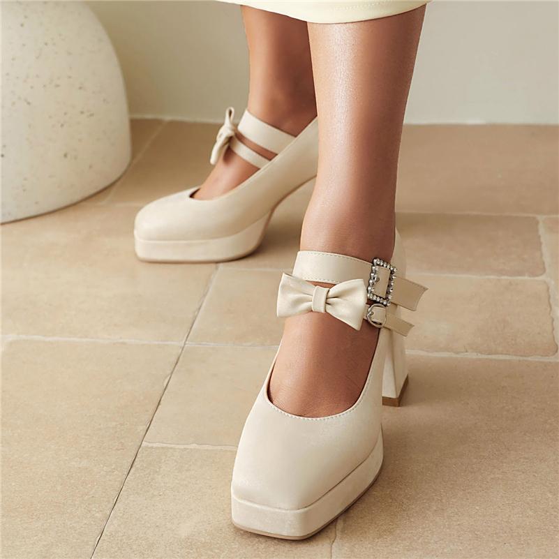 Women Mary Janes Pumps Square Toe Platform Chunky High Heels Buckle Bow Crystal Ladies Fashion Shoes Spring Autumn 46