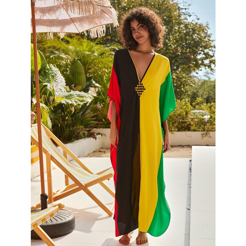 Платье с V-образным вырезом с цветными блоками, платье макси с рукавами «летучая мышь» в стиле бохо, женская одежда