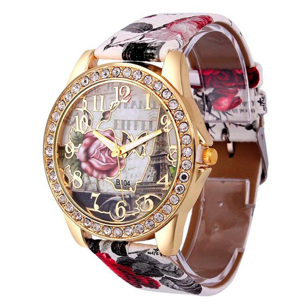 Rose Pattern Leather Band Analog Quartz  Wrist Watches WH