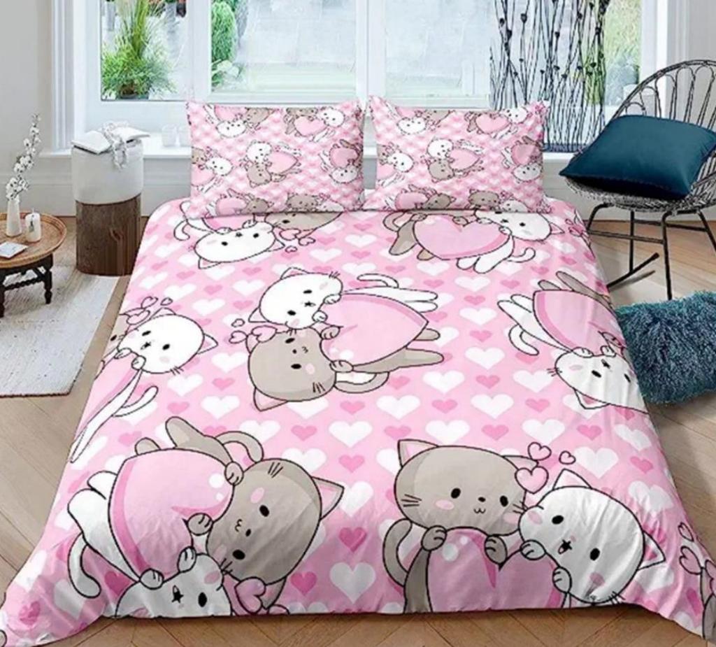 Мультяшный набор пододеяльников с кошкой, размер Queen King, милый принт с животными, постельное белье, подходит для декора комнаты мальчиков и девочек, подарок, набор из 3 предметов