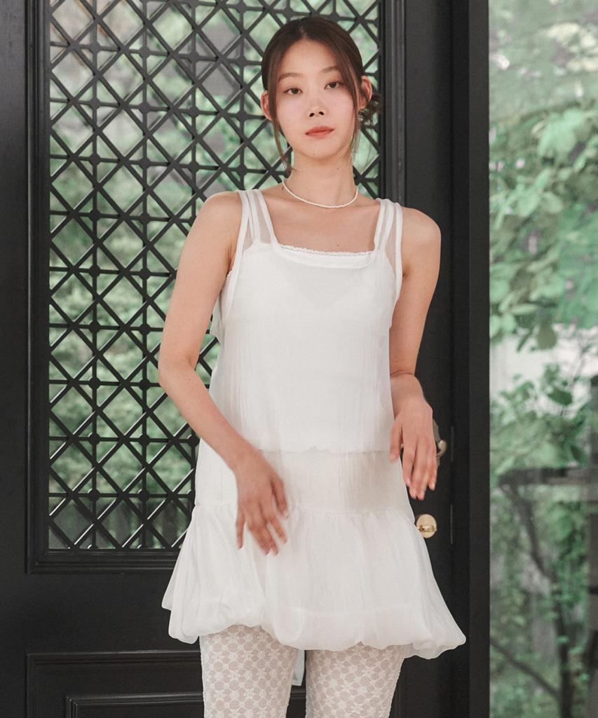 Rosiro Sheer Ribbon Balloon Dress White