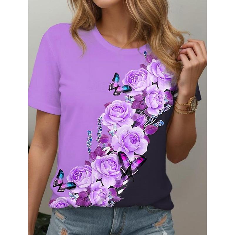 Summer V-neck 3D Floral Printed Top Fashionable Casual Short Sleeved Women's T-shirts