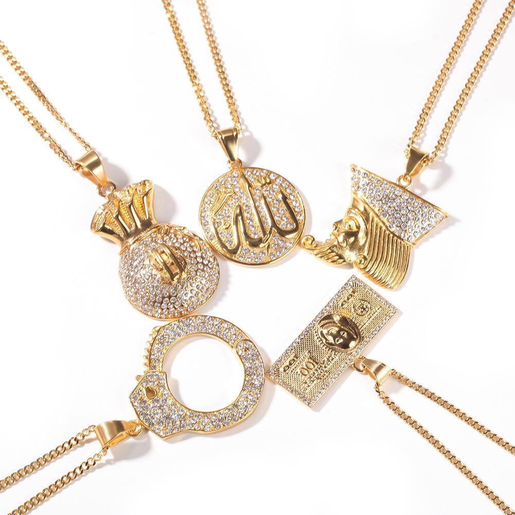 Hip Hop Punk Retro Unisex Handcuff Money Bag Pendant Necklace Set with Gold Chain , Titanium Steel Electroplated Color R