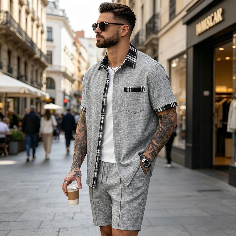 Men S Waffle Plaid Short Sleeve Shirt And Shorts Two Piece Set