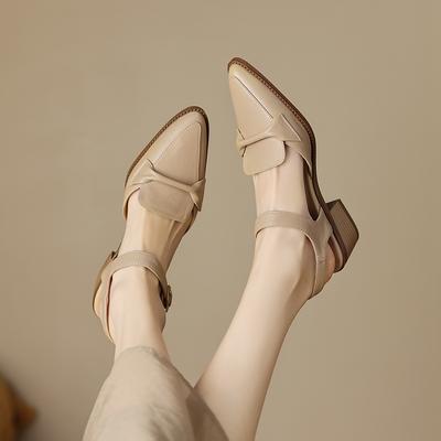 Модные женские новые весенне-летние туфли-лодочки с острым носком из дышащей кожи, из коровьей кожи, на каблуке средней высоты, сандалии-мюли