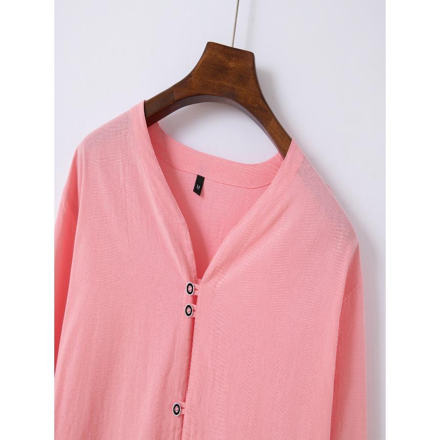 Men Stand Collar 7 Buttons Up Shirts White Black Blue Solid Long Sleeve Shirt Vintage Cotton Plus Size Tops