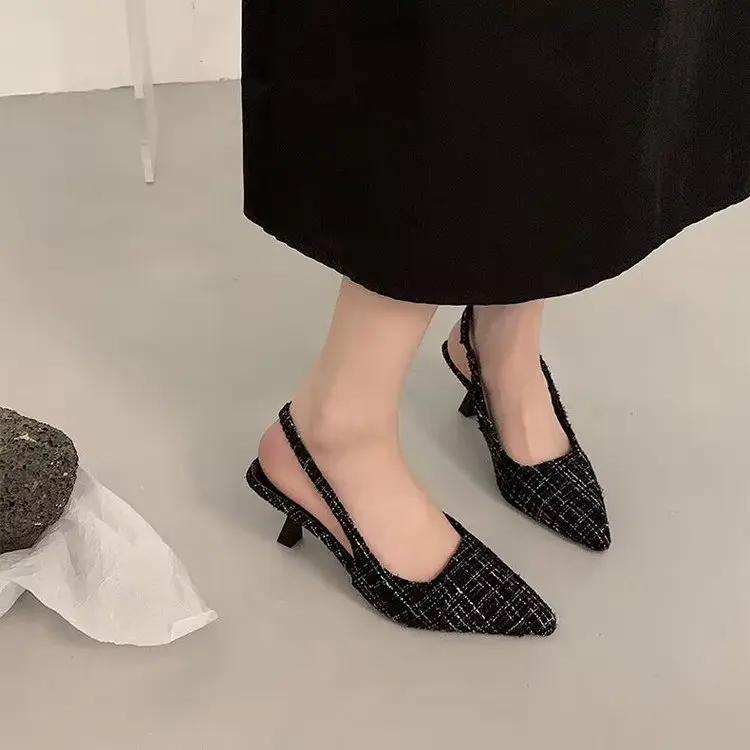 Брендовые дизайнерские туфли на высоком каблуке с открытой пяткой, женские синие туфли с острым носком для вечеринок, летние босоножки на тонком каблуке для женщин 2024 г.