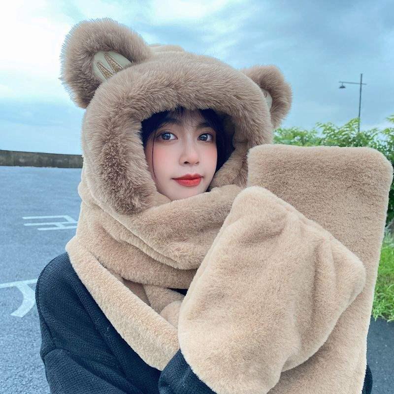 Женский набор: милый шарф-капюшон с мишкой: Плюшевая шапка, шарф и перчатки на зиму