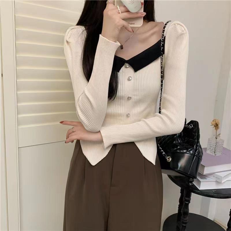 Square Neck Contrasting Color Irregular Hem Short Knit Sweater for Women Autumn and Winter Slim Fit and Slimming Long Sleeved Top for Women