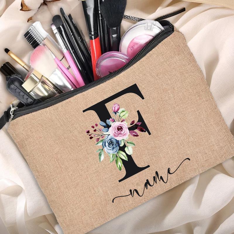 Linen Makeup Bag Customized Personalized Name Cosmetic Bag Bridesmaid Clutch Outdoor Travel Beauty  Bachelor Party Lipstick Bag