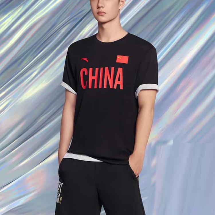 Anta Серия национального флага с круглым вырезом, повседневная спортивная футболка с короткими рукавами, топы унисекс, черные 172030109-2