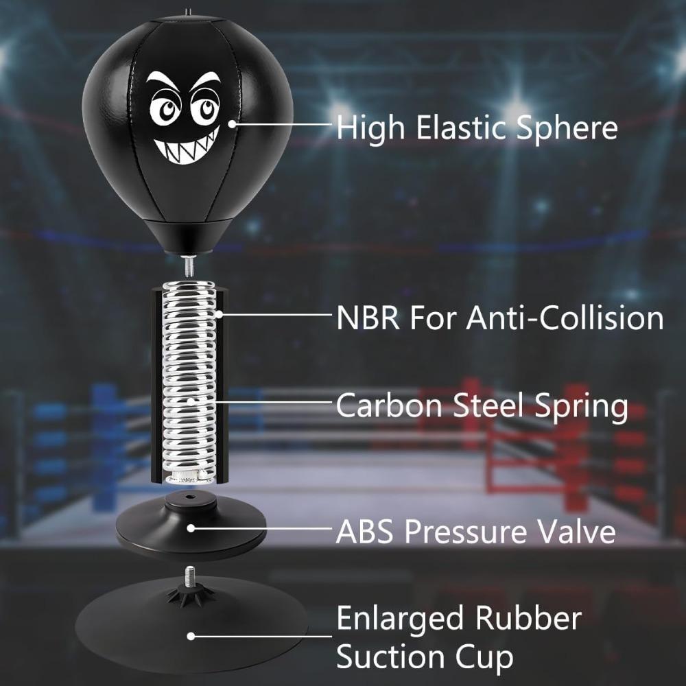 Stress-relieving Desktop Boxing Ball, Black Faux Leather Material, Suction Cup Base, Relieves Stress, Fun Gift, Office Desk Toy.