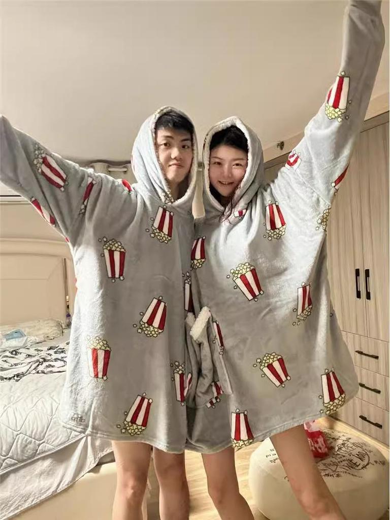 Popcorn One-Piece Pajamas: Cozy Velvet Couple's Hooded Sweatshirt for Autumn & Winter
