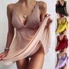 Women Fashion Sexy V-neck Crochet Lace Mesh Dress and Pantie Two Pieces Set Soft Homewear Halter Lace Nightgown