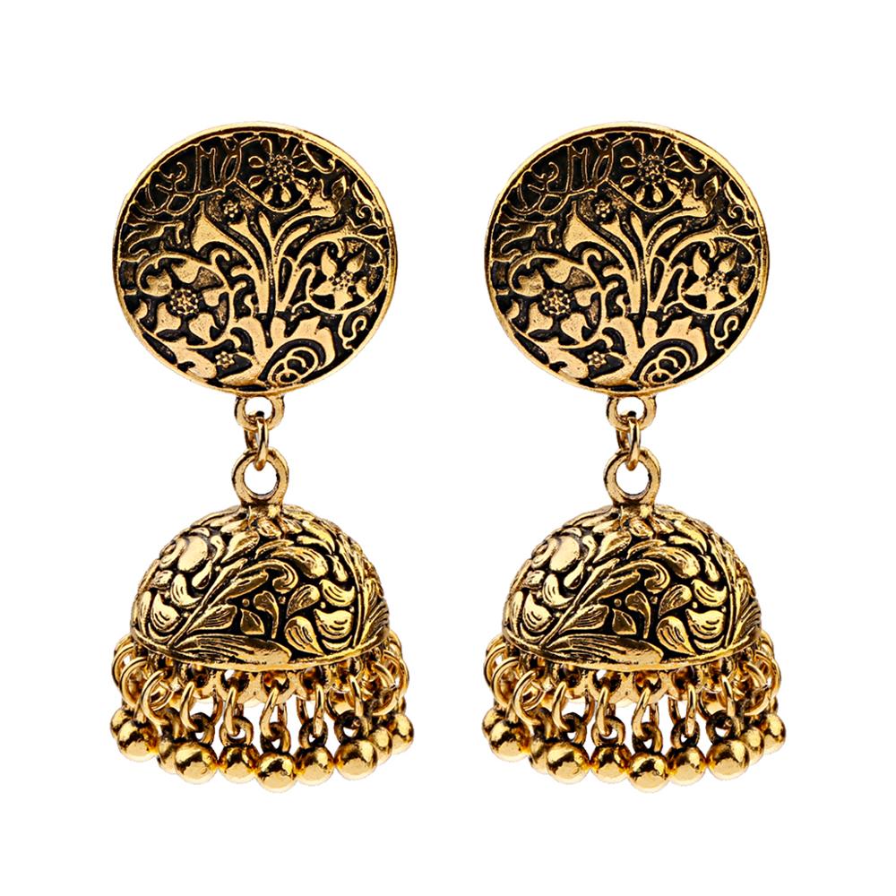 Women‘s Boho Ethnic Gold Copper Plated Jhumka Indian Earring Gypsy Zircon Vintage Big Bells Dangle Hanging Earrings For Women