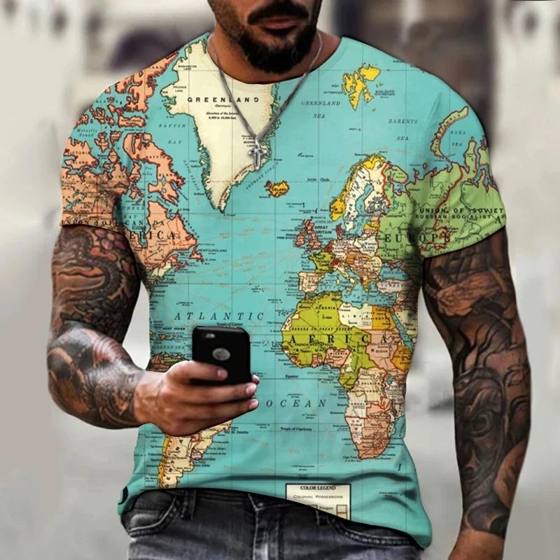 New Fashion World Map Printed Men's T-shirt Street Fashion Harajuku Round Neck Short Sleeve Comfortable Large Top