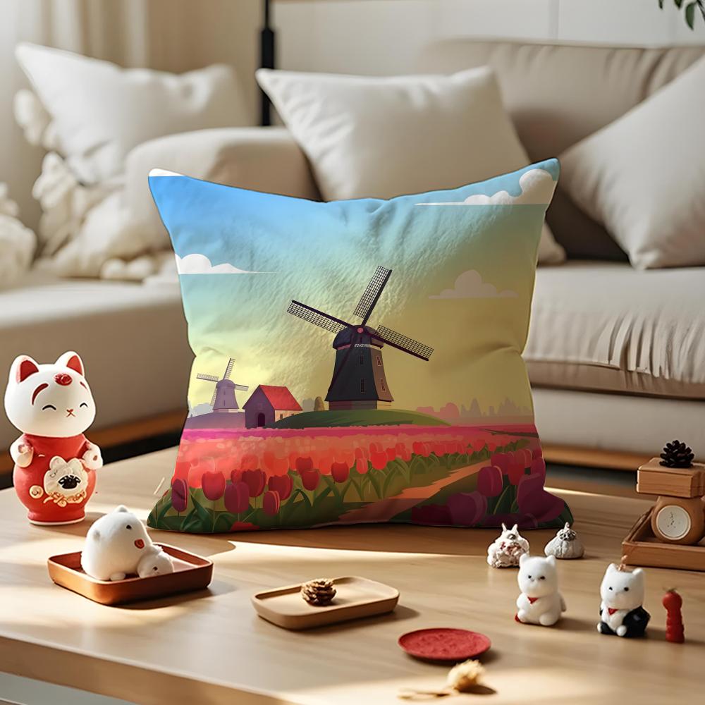 Dutch Windmills & Tulips Cushion Cover Anti-dustmite Pillowcase Invisible Zipper Silky Short Plush Sofa Cushion Cover