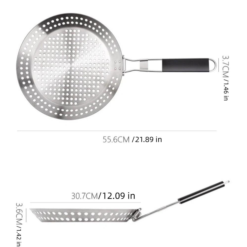 Circular BBQ Plate Folding Wood Handle Grill Fry Pan Portable Barbecue Tray  Outdoor Barbecue