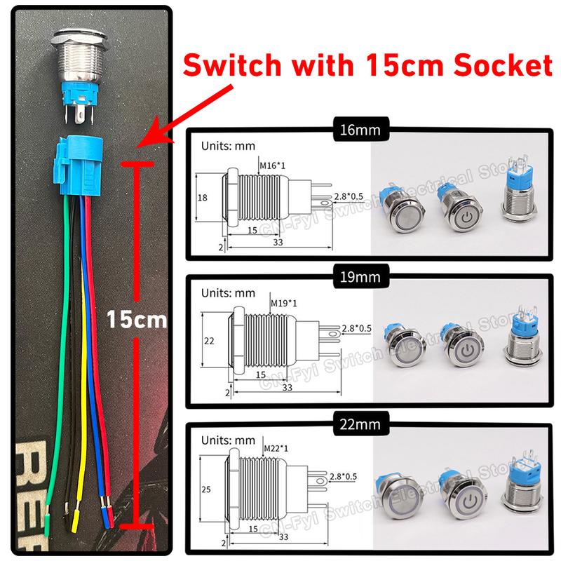 Customized 16/19/22mm Metal Push Button Switch with Socket Waterproof Horn LED Light Self-reset/Self-locking for Car Boat 12V